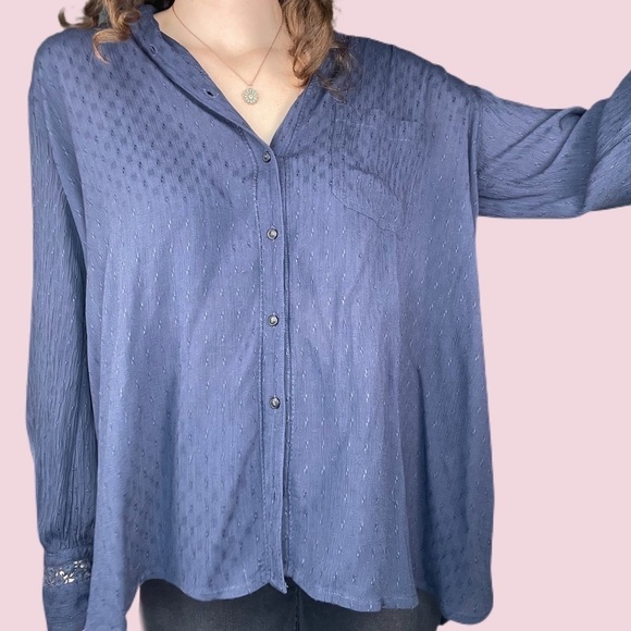 Free People Long Sleeve Button Down Crochet Blouse 100% Soft Rayon - Picture 6 of 12